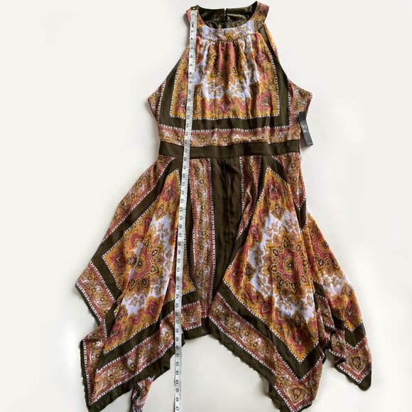 New York & Co Size 14 Halter Dress over Shorts Asymmetric Hem Olive Multicolor - Picture 4 of 11